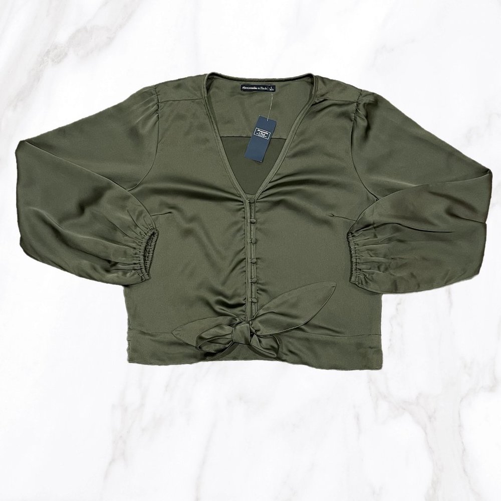 Abercrombie & Fitch Olive Green V-Neck Tie-Front Crop Top